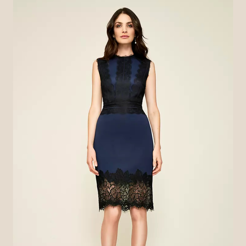 TADASHI SHOJI Milo Dress Scuba sheath blue black Lace-trimmed size 8
